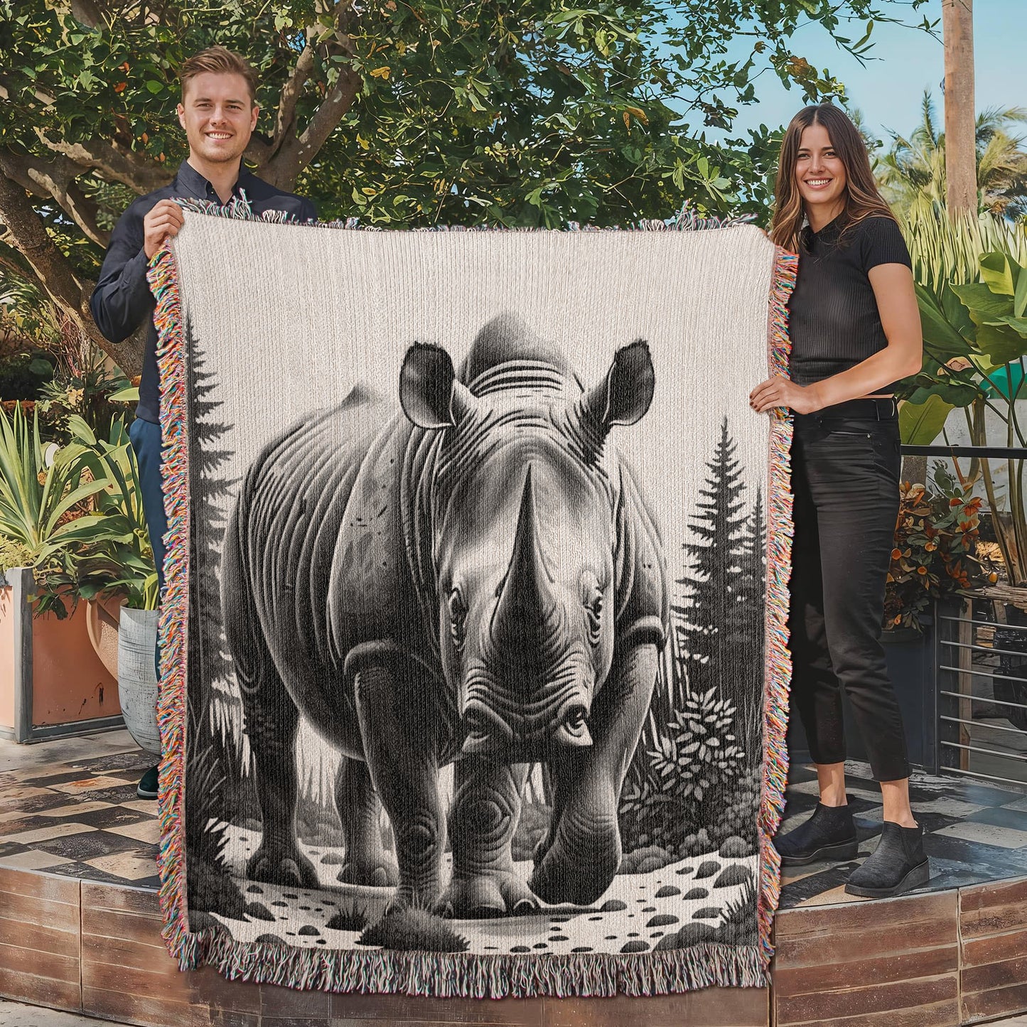 Rhino Illustration Woven Blanket- Gift for Mothers/Fathers/Daughters/Sons.