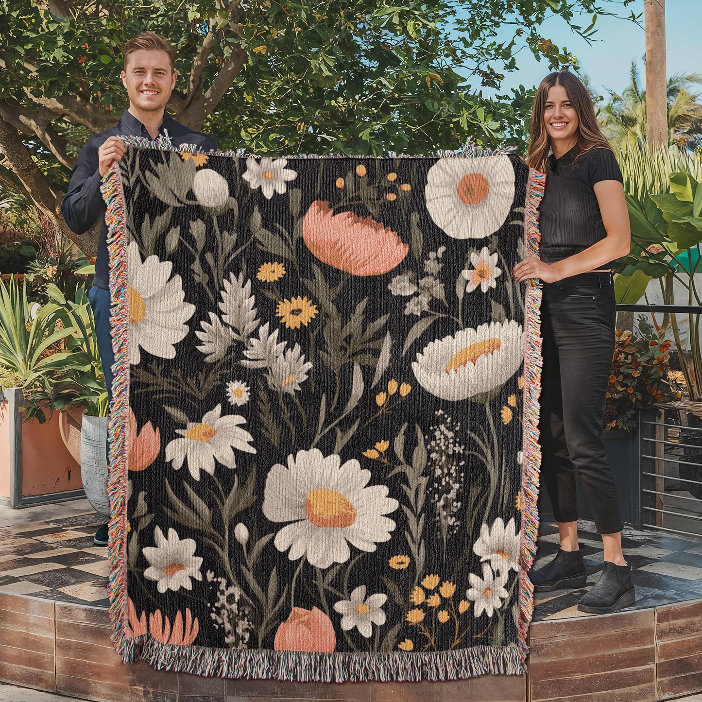 Blossom Elegance: Noir Garden Heirloom Woven Blanket- a Gift for Mothers/Daughters