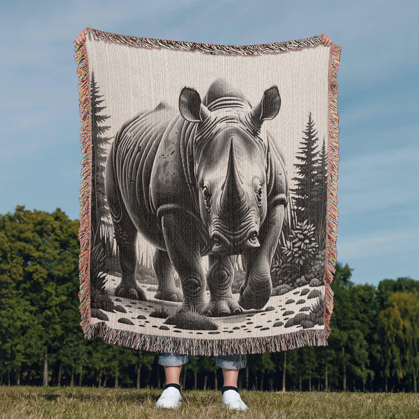 Rhino Illustration Woven Blanket- Gift for Mothers/Fathers/Daughters/Sons.