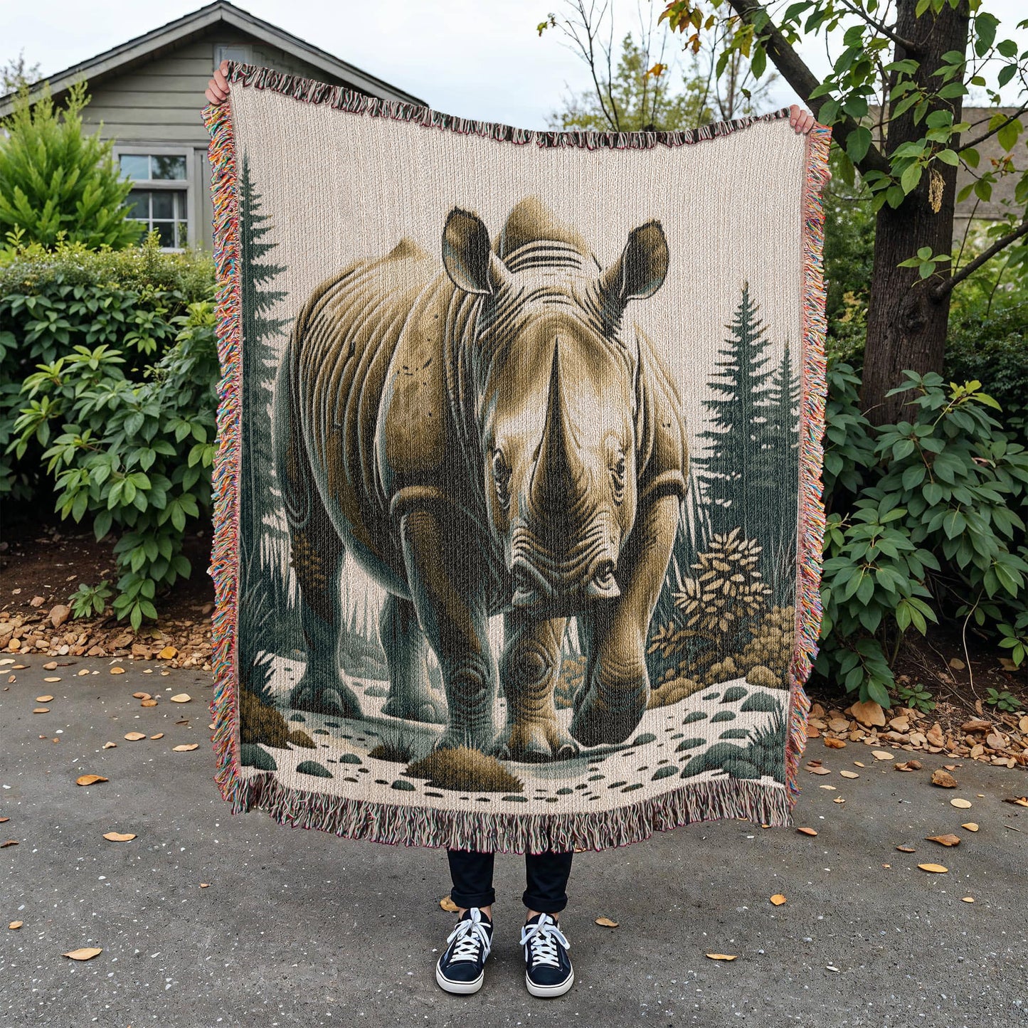 Rhino Illustration Woven Blanket- Gift for Mothers/Fathers/Daughters/Sons.