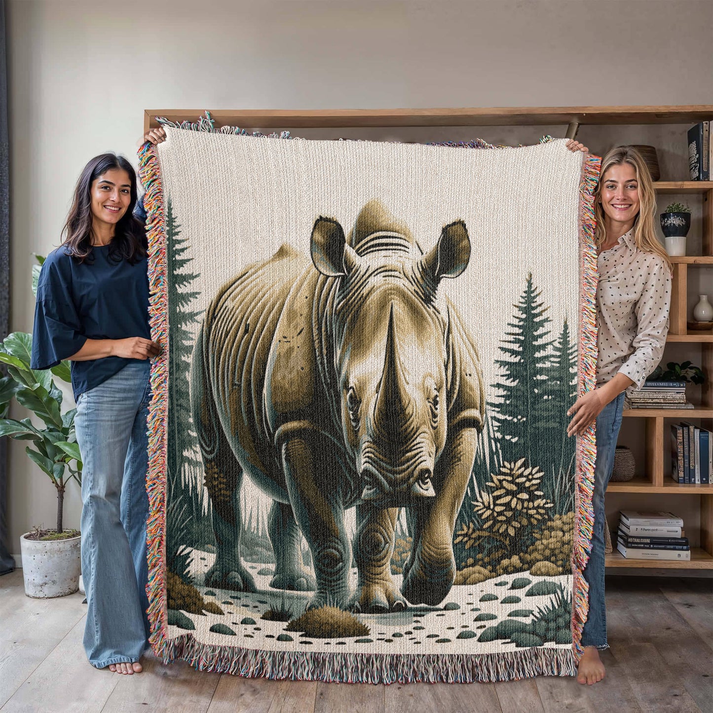 Rhino Illustration Woven Blanket- Gift for Mothers/Fathers/Daughters/Sons.