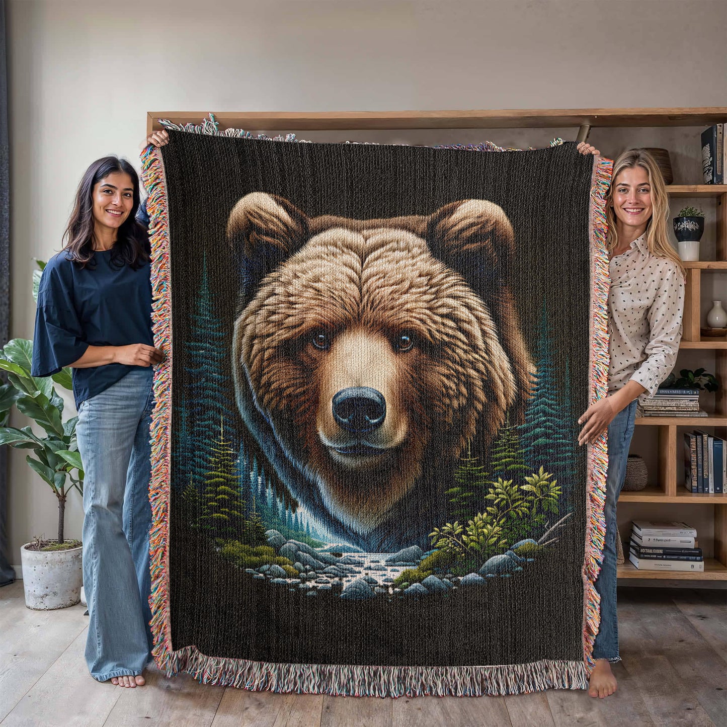 A Bear Illustration Heirloom Woven Blanket.