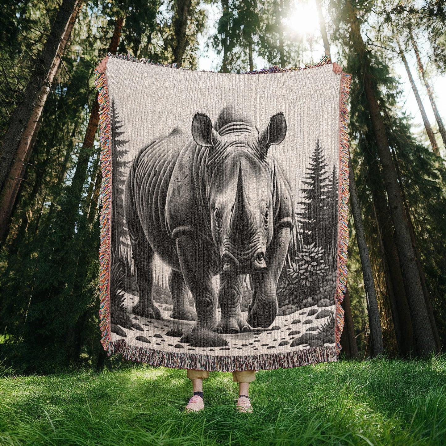 Rhino Illustration Woven Blanket- Gift for Mothers/Fathers/Daughters/Sons.