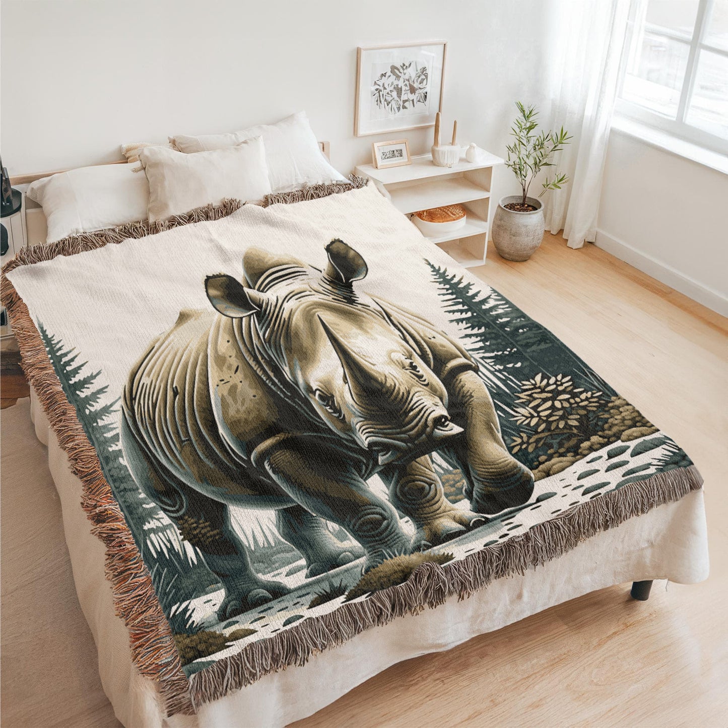 Rhino Illustration Woven Blanket- Gift for Mothers/Fathers/Daughters/Sons.