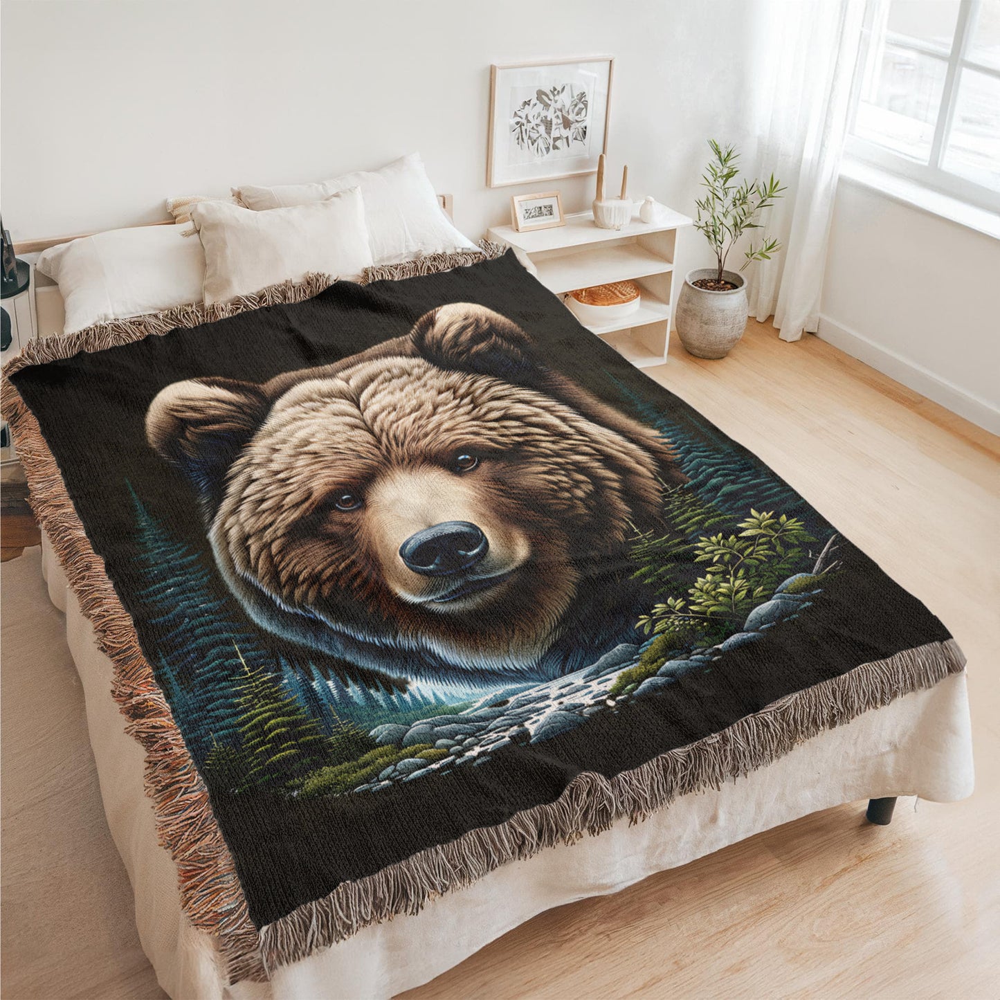 A Bear Illustration Heirloom Woven Blanket.