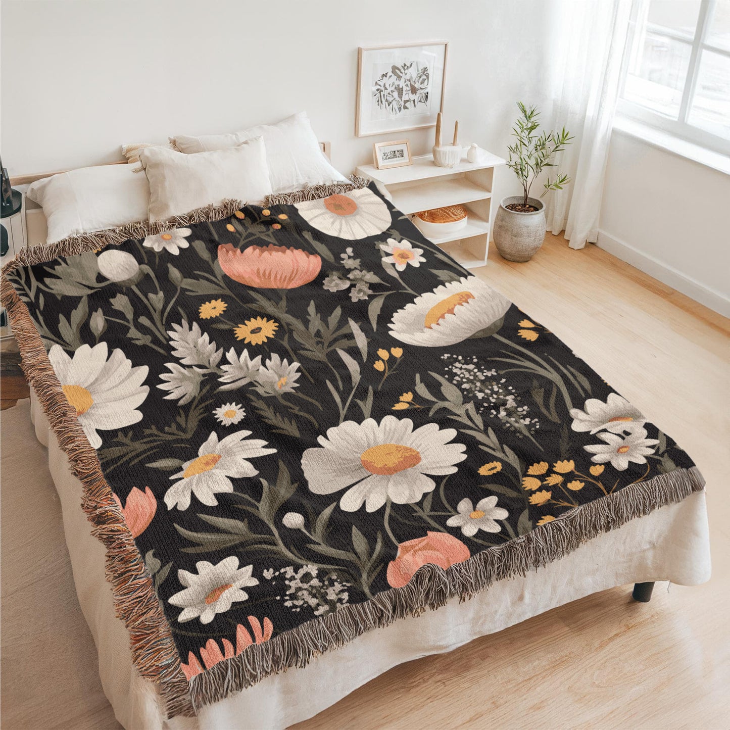 Blossom Elegance: Noir Garden Heirloom Woven Blanket- a Gift for Mothers/Daughters