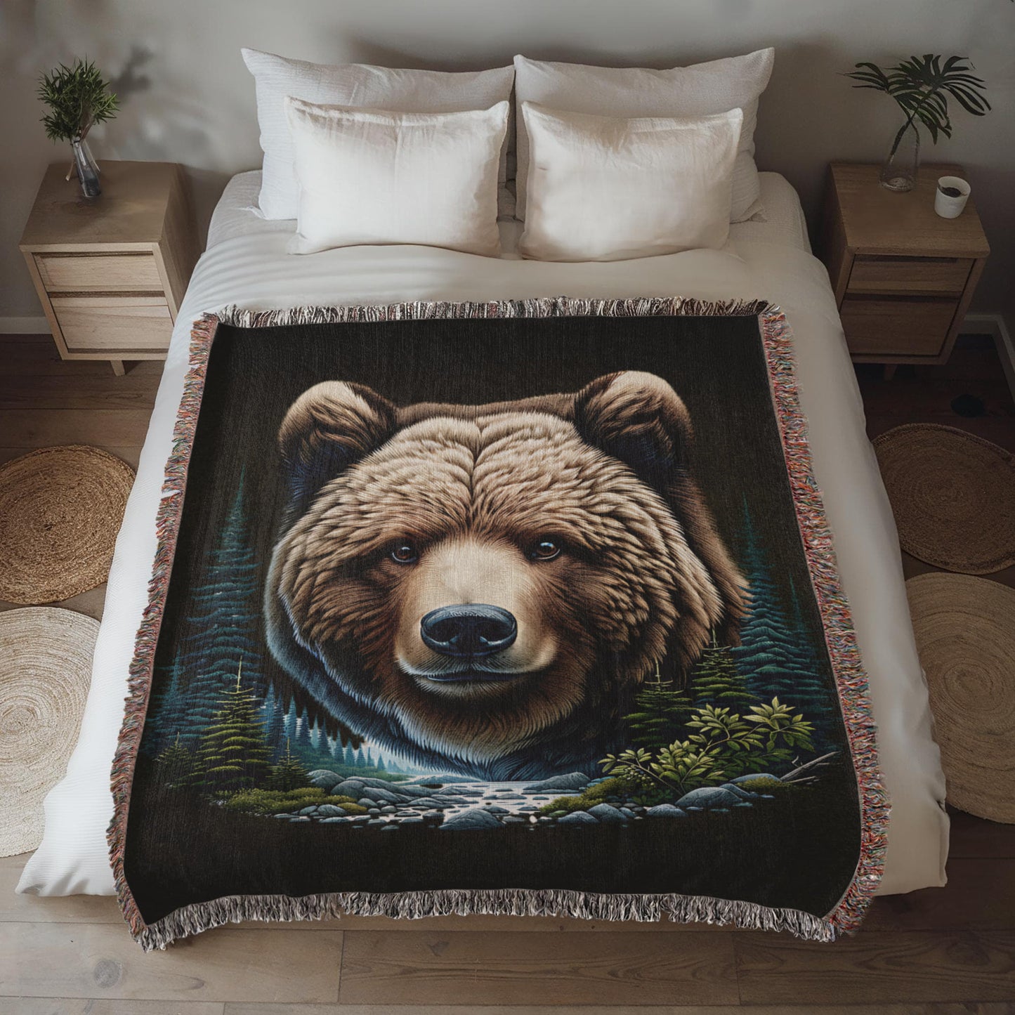 A Bear Illustration Heirloom Woven Blanket.