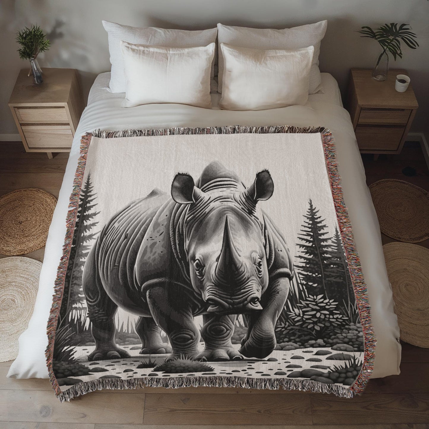 Rhino Illustration Woven Blanket- Gift for Mothers/Fathers/Daughters/Sons.