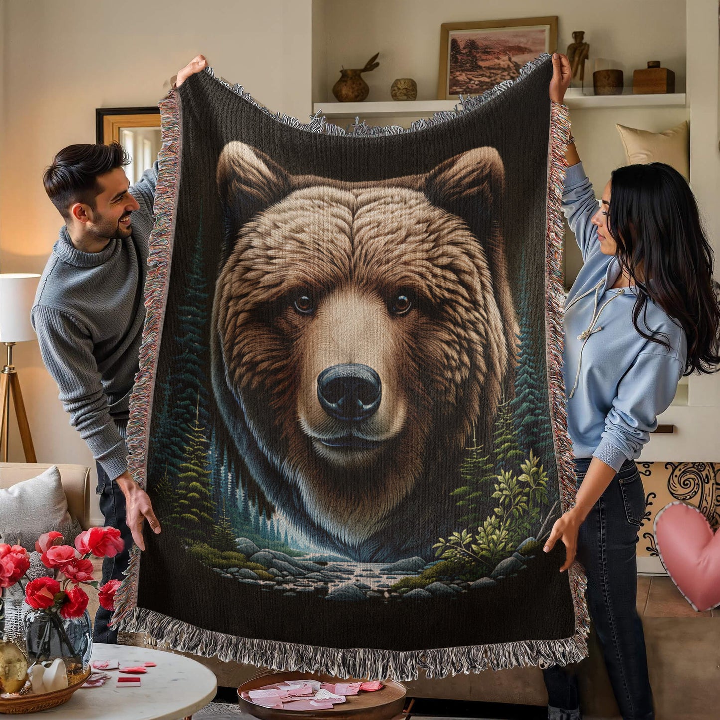 A Bear Illustration Heirloom Woven Blanket.