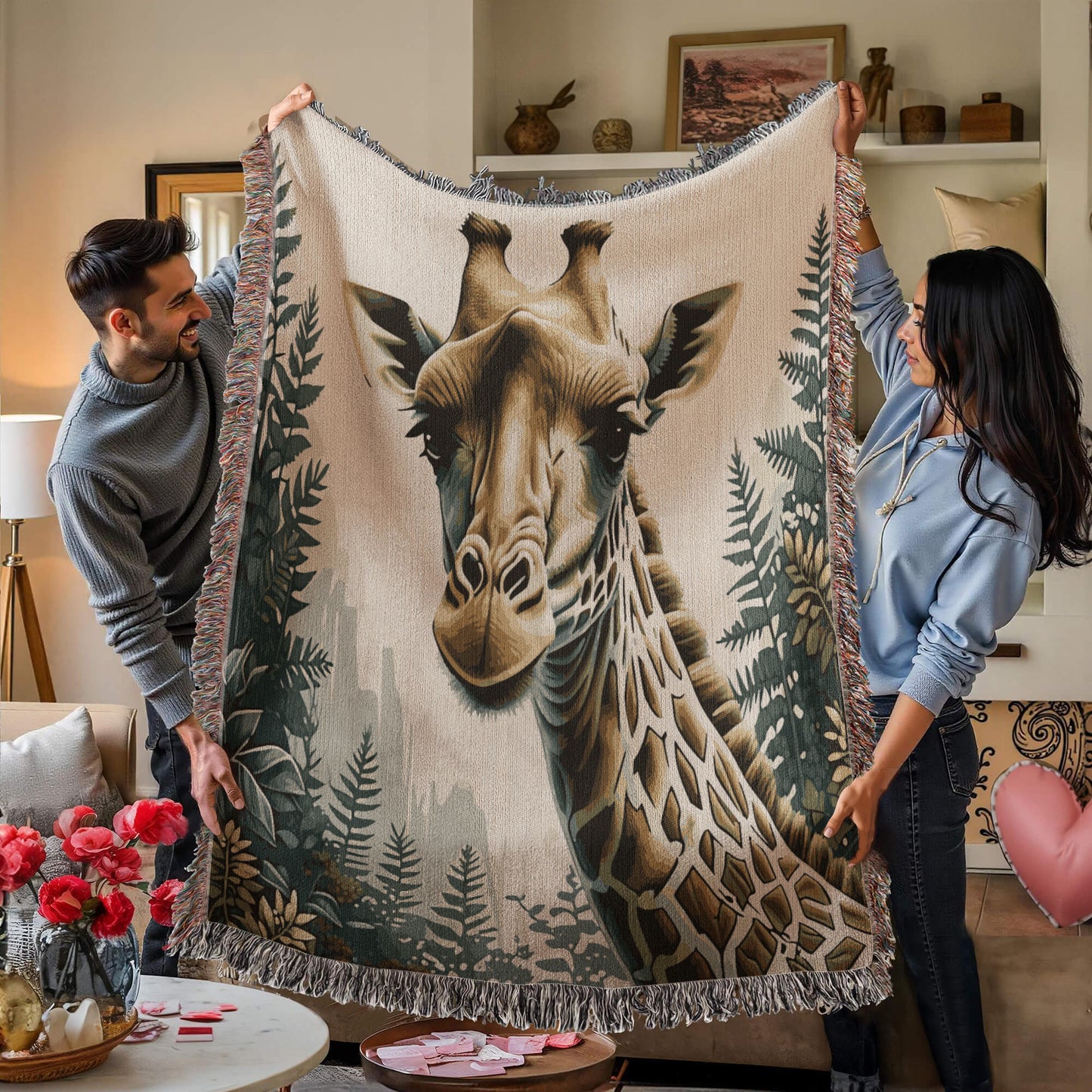 Giraffe Illustration Heirloom Woven Blanket- Gift for Mothers/Fathers/Daughters.