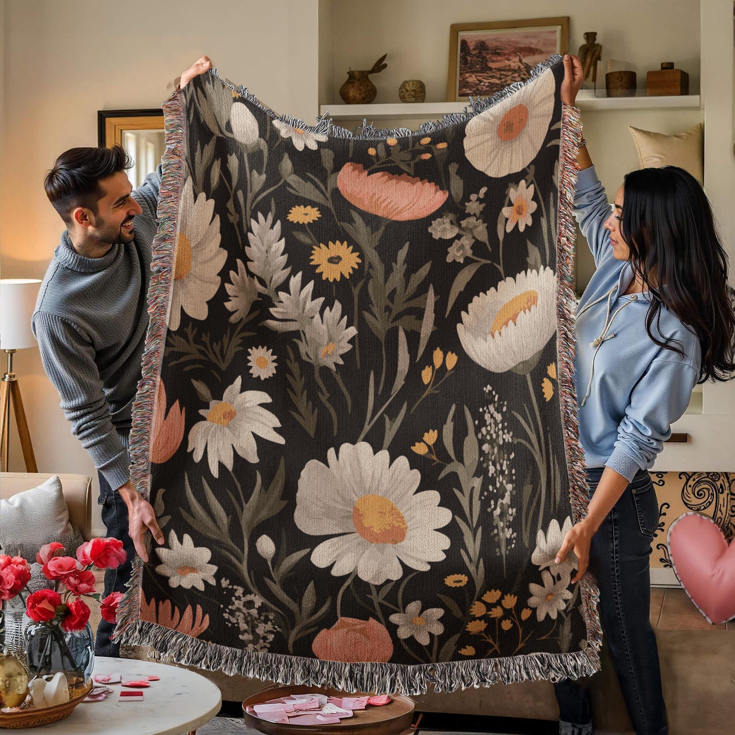 Blossom Elegance: Noir Garden Heirloom Woven Blanket- a Gift for Mothers/Daughters