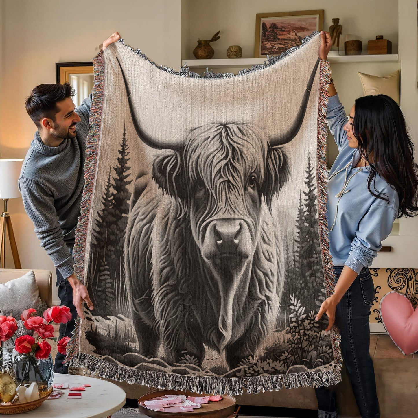 Highland Cow Heirloom Woven Blanket- Gift for Mothers/Daughters/Sons.