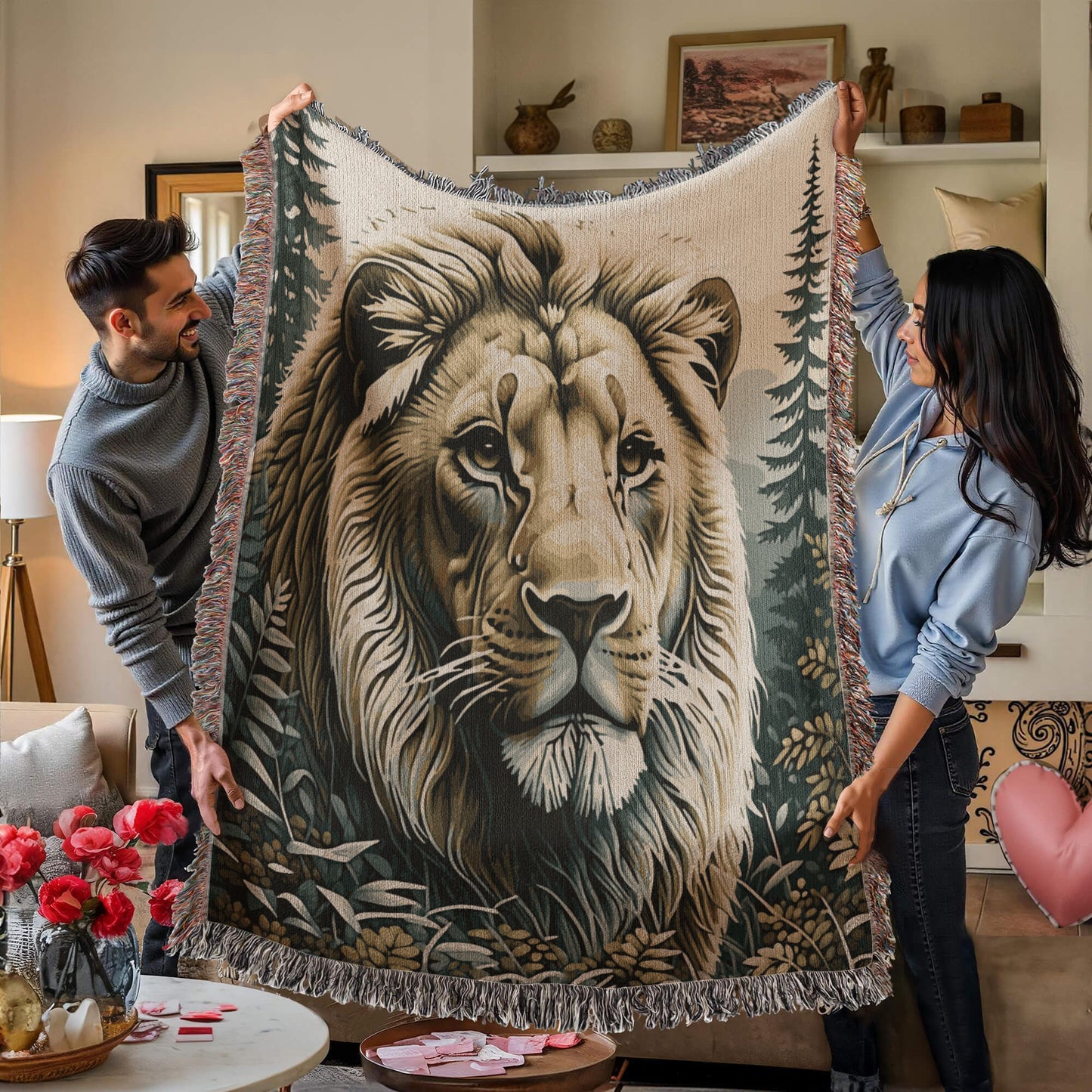 Lion Illustration Heirloom Woven Blanket- Gift for Mothers/Fathers/Sons/Daughters.