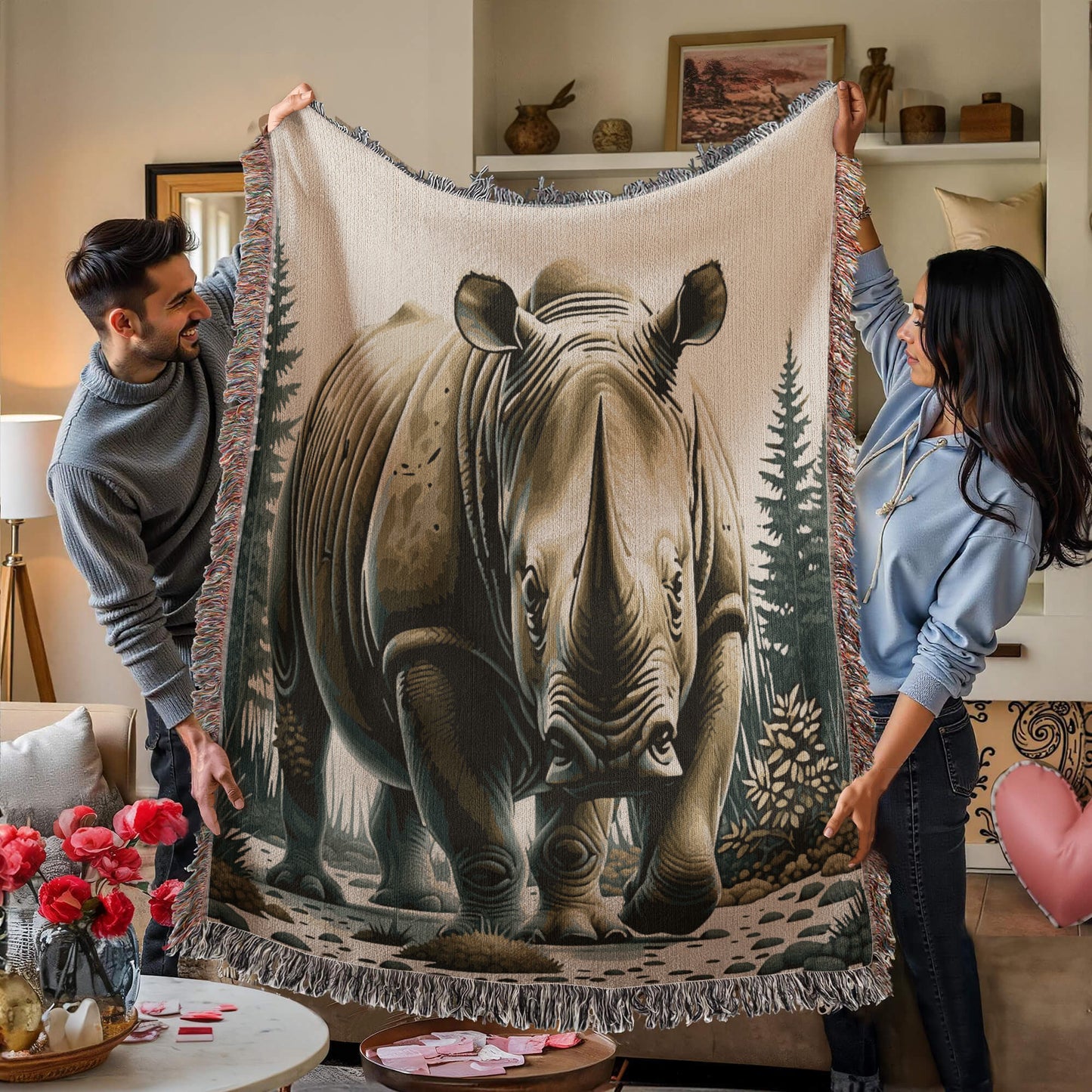 Rhino Illustration Woven Blanket- Gift for Mothers/Fathers/Daughters/Sons.