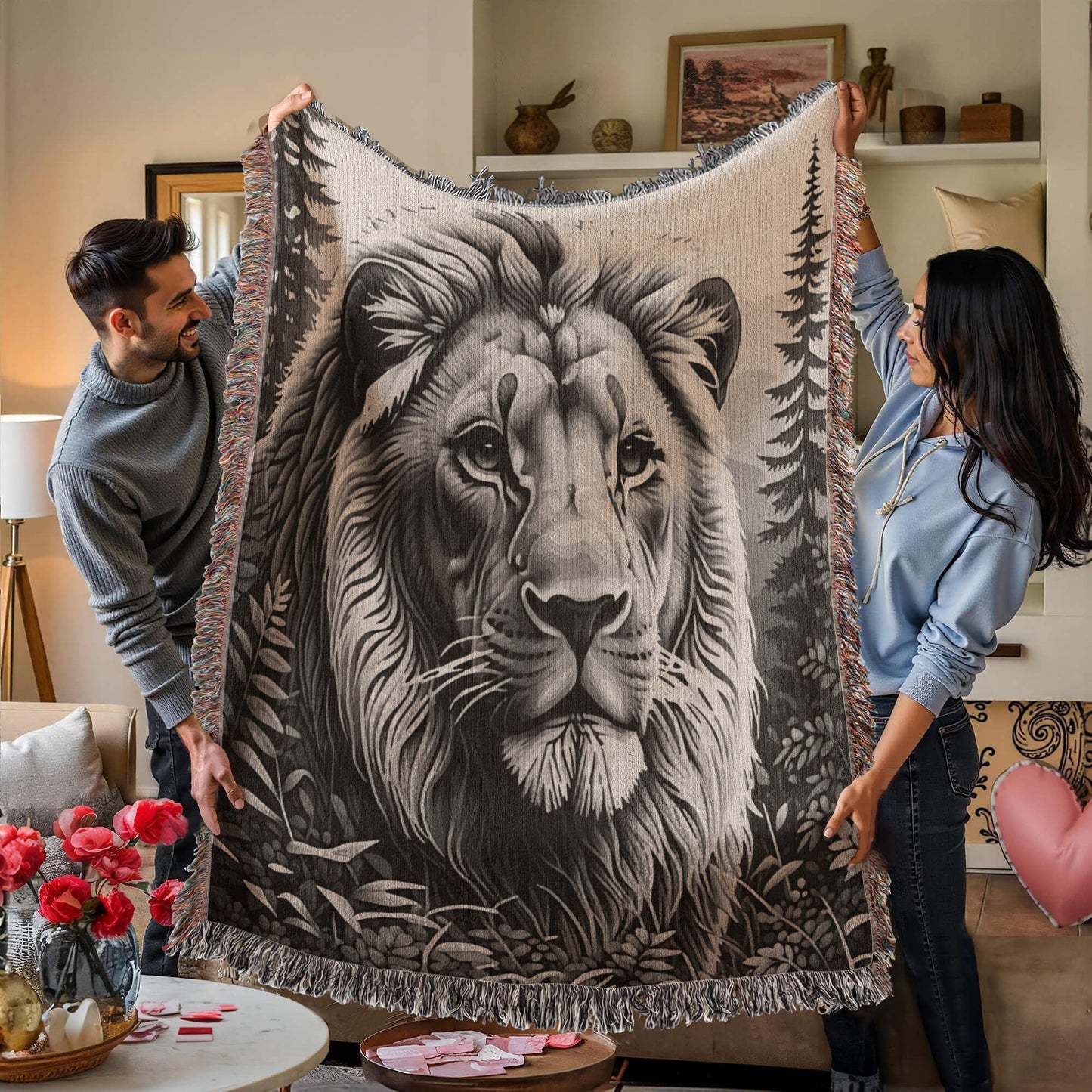 Lion Illustration Heirloom Woven Blanket- Gift for Mothers/Fathers/Sons/Daughters.