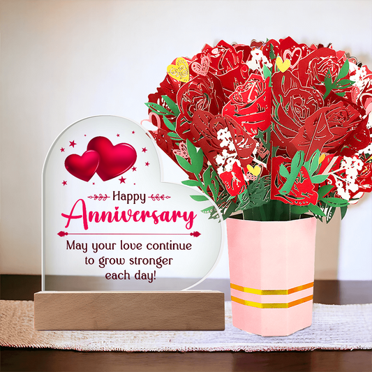 Happy Anniversary - Heart Acrylic LED Base Plaque and Sweetest Devotion Flower Bouquet- a Gift for Wife/Soulmate.