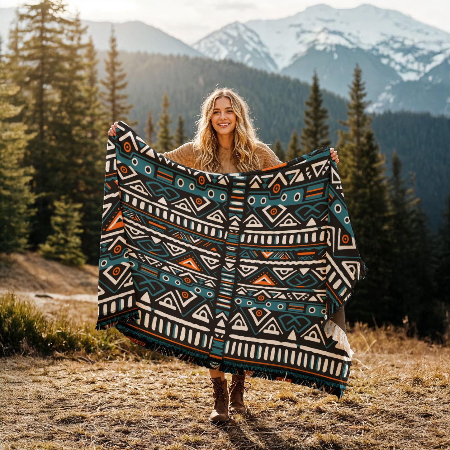 Geometric Printed Woven Blanket a Gift for Father/Mother.