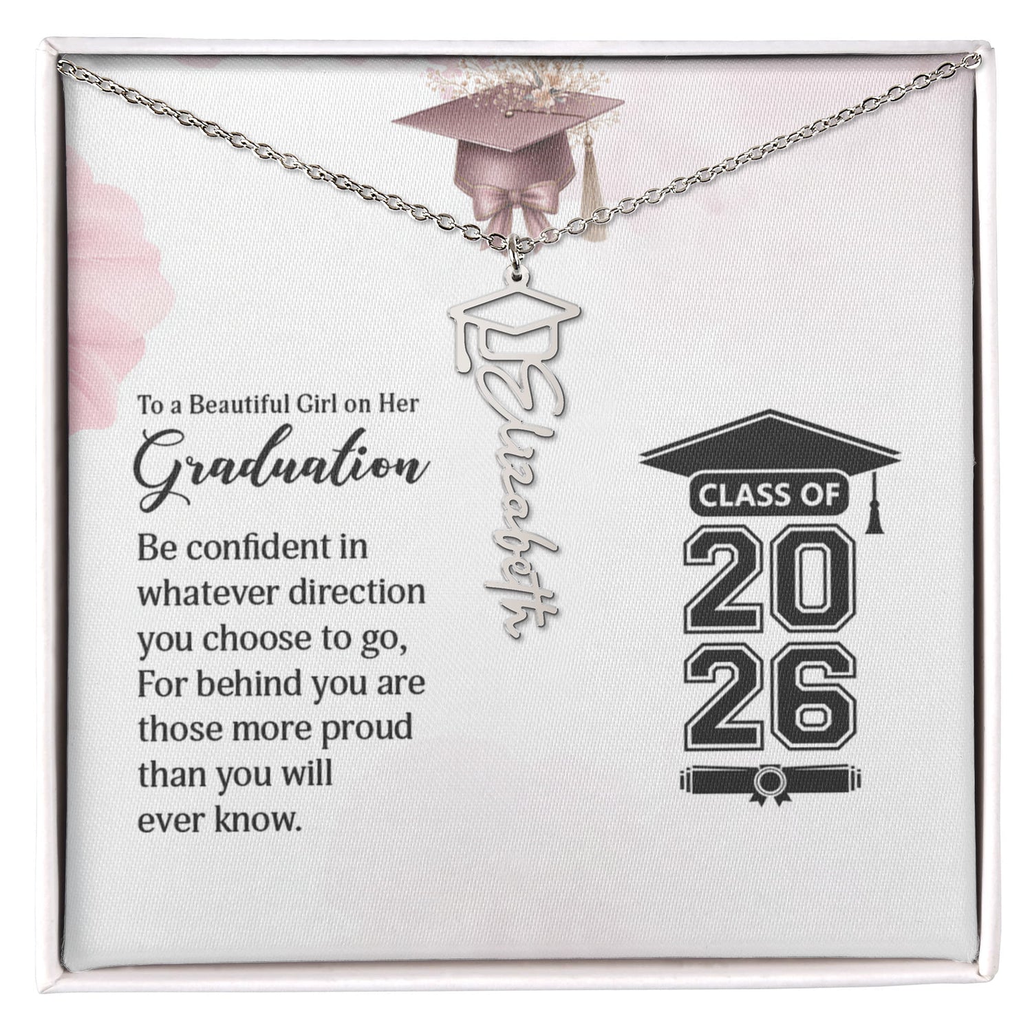 Personalized Graduation Cap Stainless Steel and 18k Name Necklace - Class of 2026- a Gift for Daughter