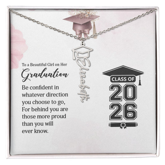 Personalized Graduation Cap Stainless Steel and 18k Name Necklace - Class of 2026- a Gift for Daughter