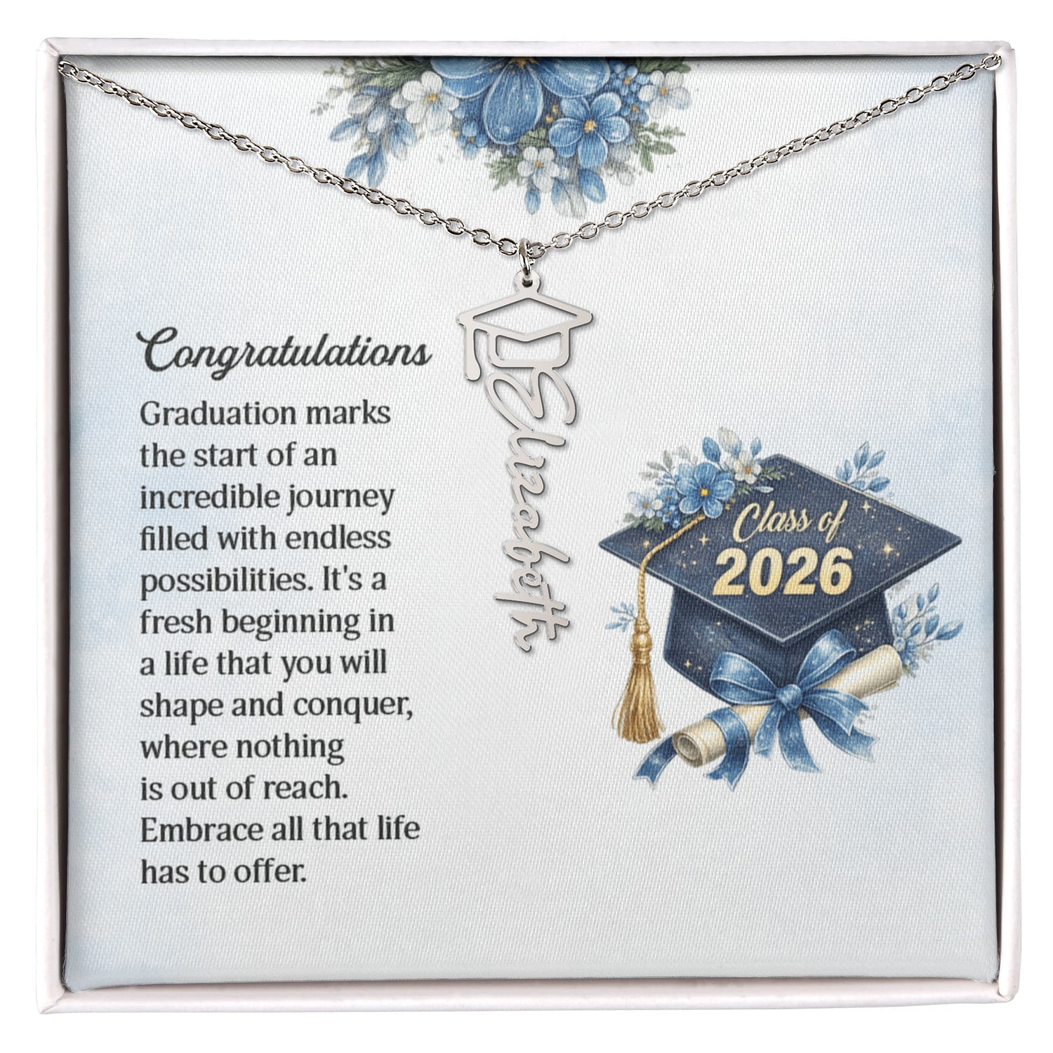 Personalized Graduation Cap Stainless Steel and 18k Name Necklace - Class of 2026- a Gift for Daughter.