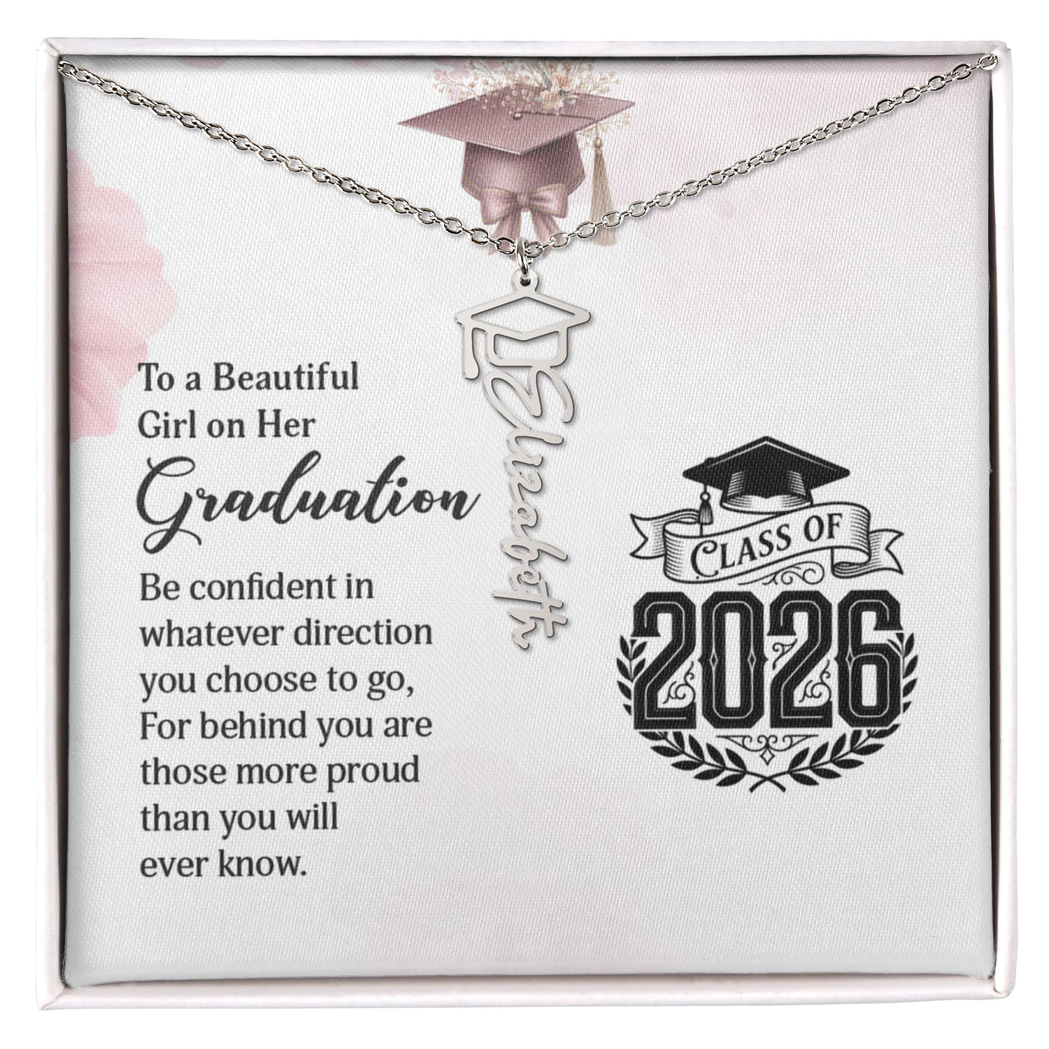 Personalized Graduation Cap Stainless Steel and 18k Name Necklace - Class of 2026- a Gift for Daughter