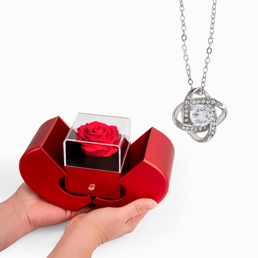 Love Knot Necklace and Red Heart Rose Box Gift Set- a Gift for Wives/Daughters.
