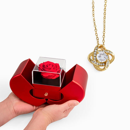Love Knot Necklace and Red Heart Rose Box Gift Set- a Gift for Wives/Daughters.