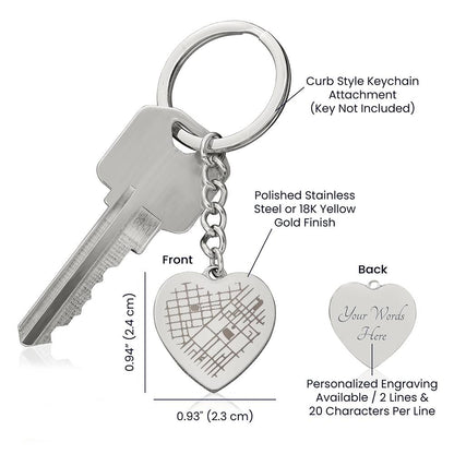 Engraved Heart Map Keychain a gift for Husband/Wife
