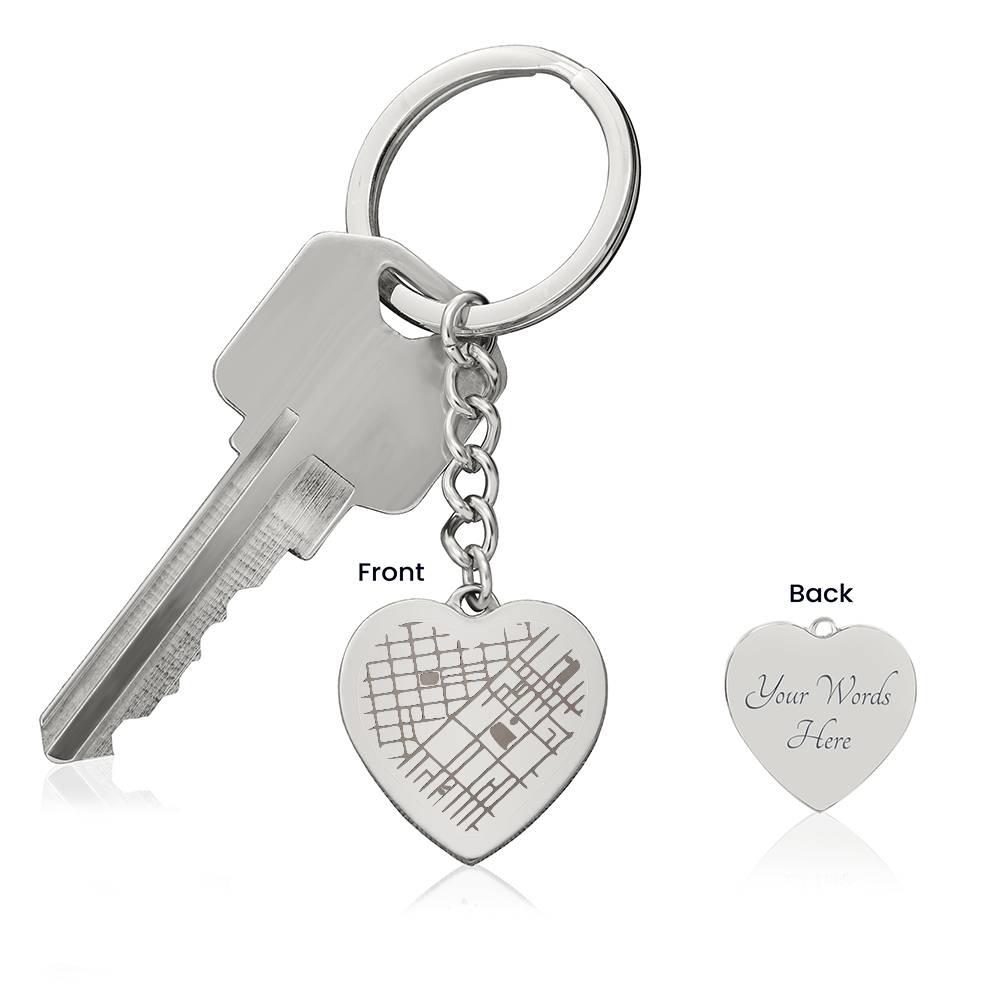 Engraved Heart Map Keychain a gift for Husband/Wife