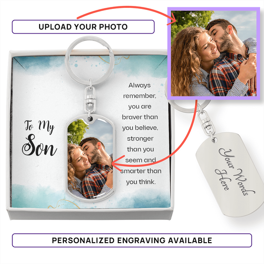 To My Son Photo Personalized Dog Tag Keychain with Engraving- a Gift for Fathers/Sons.