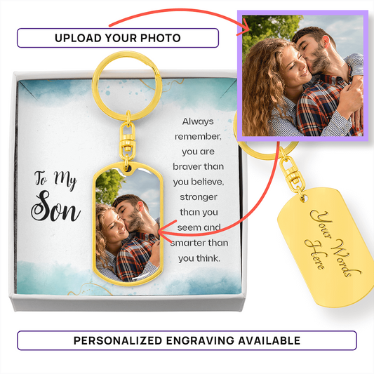 To My Son Photo Personalized Dog Tag Keychain with Engraving- a Gift for Fathers/Sons.