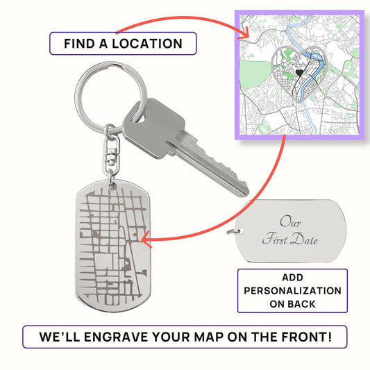 Where we met Engraved Dog Tag Map Keychain a gift for Husbands/Wives.