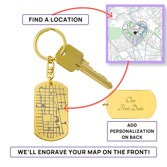 Where we met Engraved Dog Tag Map Keychain a gift for Husbands/Wives.