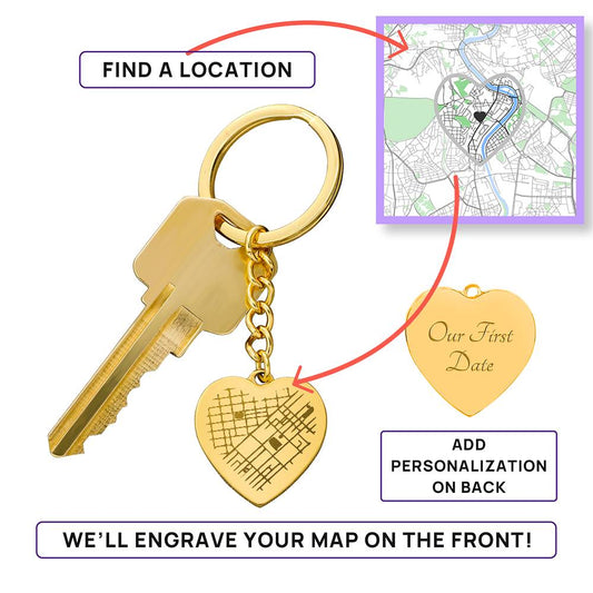 Engraved Heart Map Keychain a gift for Husband/Wife