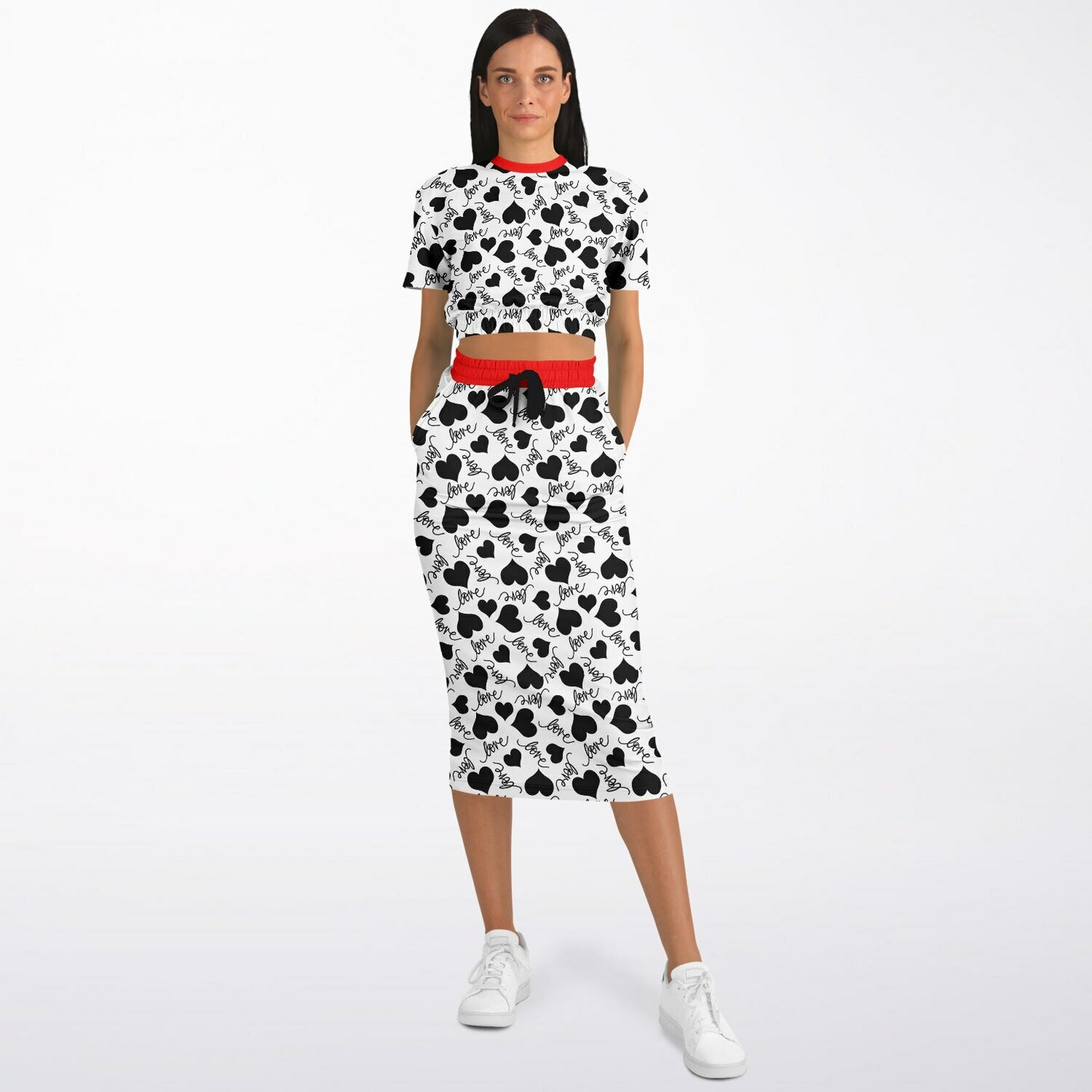 LOVE & HEARTS Athletic Cropped Short Sleeve Sweatshirt and Long Pocket Skirt Set – AOP