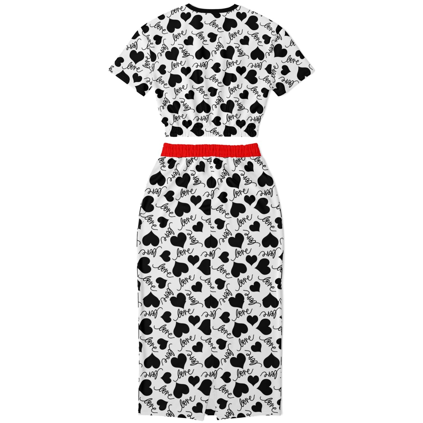 LOVE & HEARTS Fashion Cropped Short Sleeve Sweatshirt and Long Pocket Skirt Set – AOP