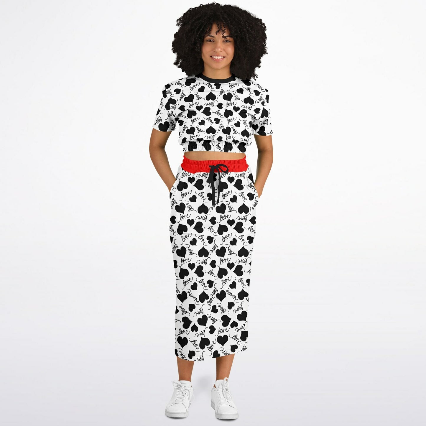 LOVE & HEARTS Fashion Cropped Short Sleeve Sweatshirt and Long Pocket Skirt Set – AOP