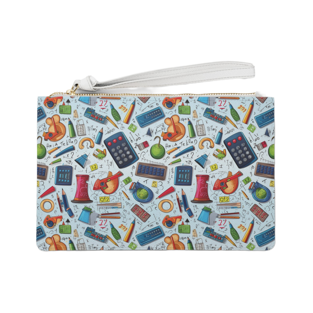 Academic Adventures Clutch Bag - Vegan Leather Saffiano Pattern Fashionista On-the-Go Zip Fastening Wrist Strap.