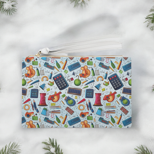 Academic Adventures Clutch Bag - Vegan Leather Saffiano Pattern Fashionista On-the-Go Zip Fastening Wrist Strap.